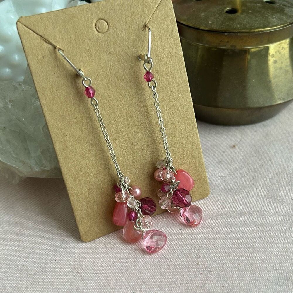 Y2K Silver Pink Shoulder Duster Beaded Earrings